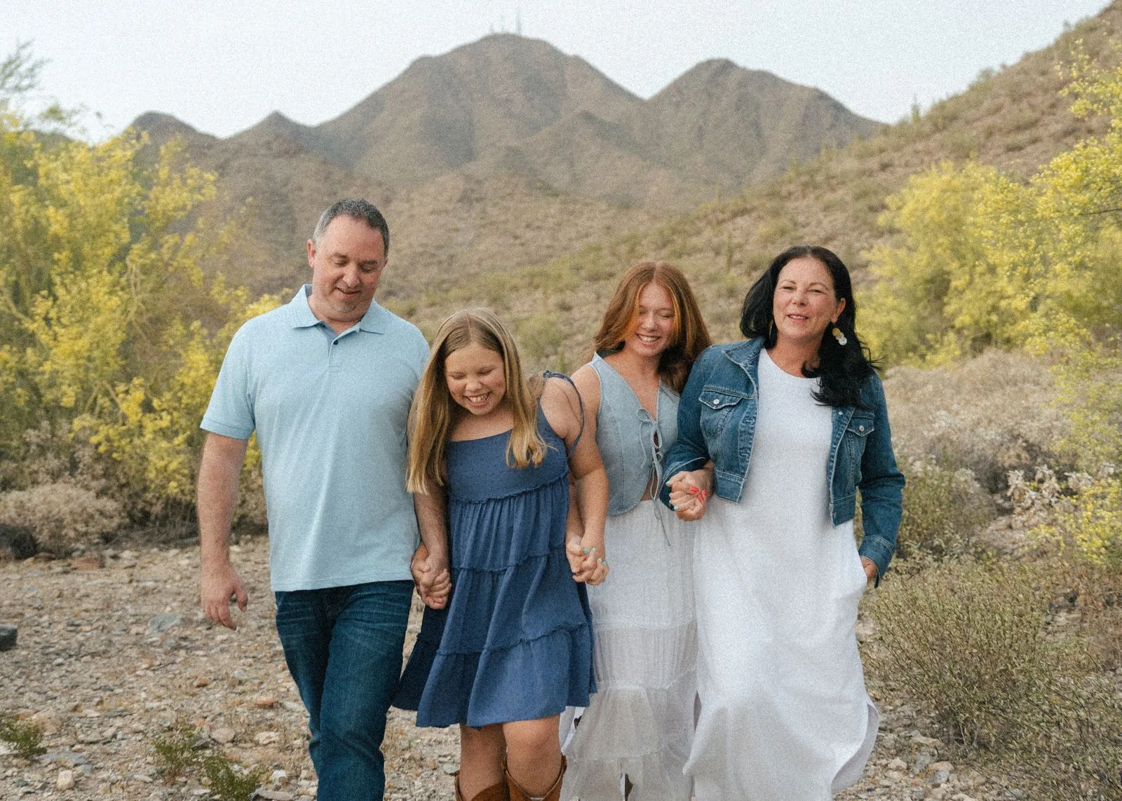 Family walking hand in hand with mountains behind